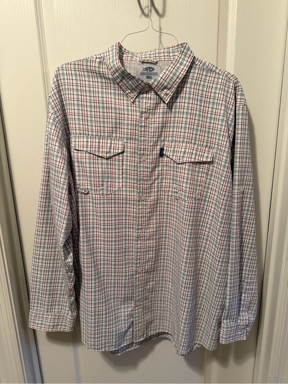 AFTCO White Button-Down Plaid Shirt with Red & Blue Checks